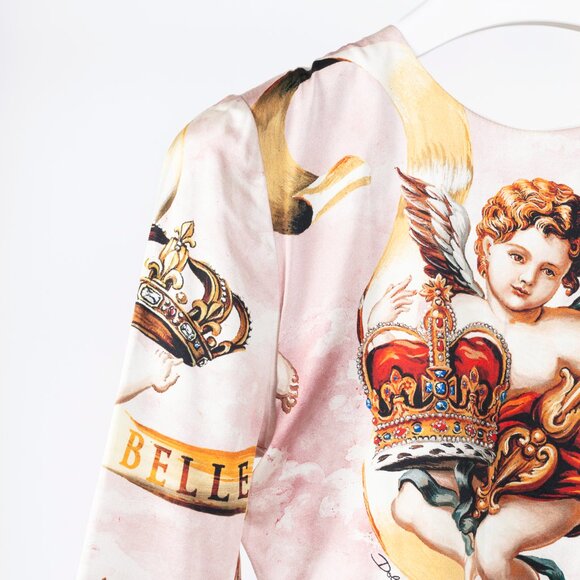 Dolce & Gabbana SS18 Pink Silk-Satin Cherub-Print Midi Dress - Picture 7 of 10